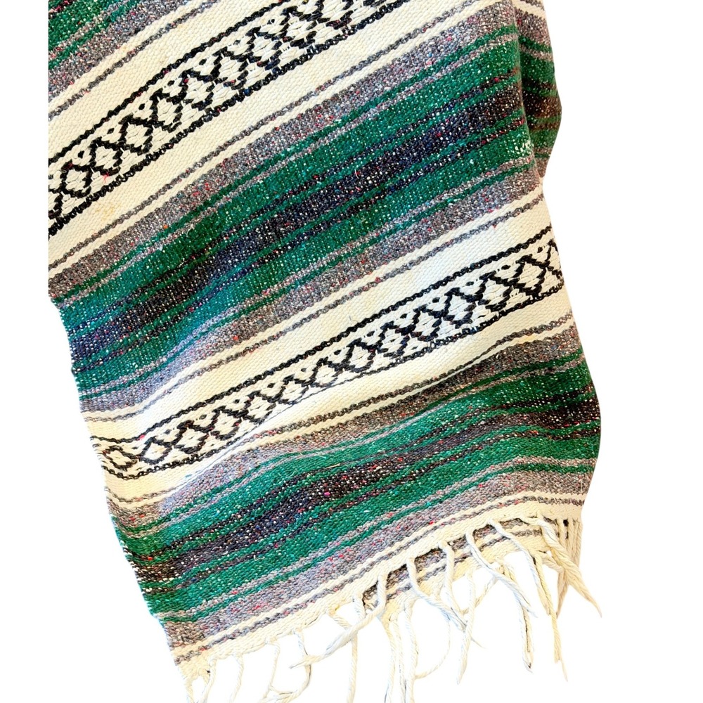 Haywin Mexican Falsa Blanket Green Gray Striped Acrylic 75 x 52 Fringe
